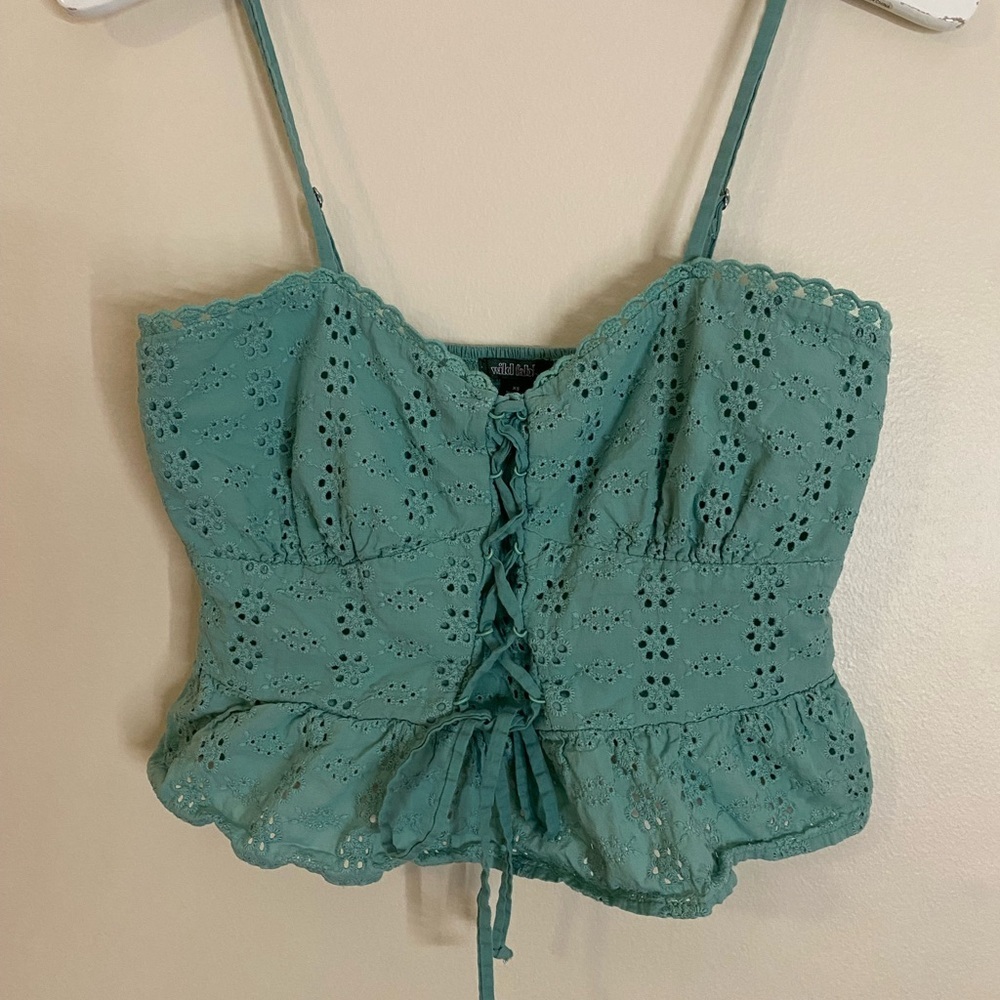 Wild Fable Cotton Eyelet Embroidered  Lace-Up Camisole - Aqua Green